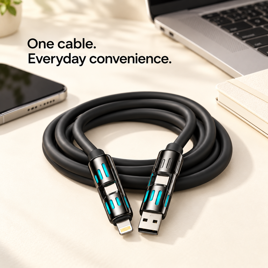 4-in-1 Multi-Connector Charging Cable – USB-A, USB-C & Lightning | Black Silicone