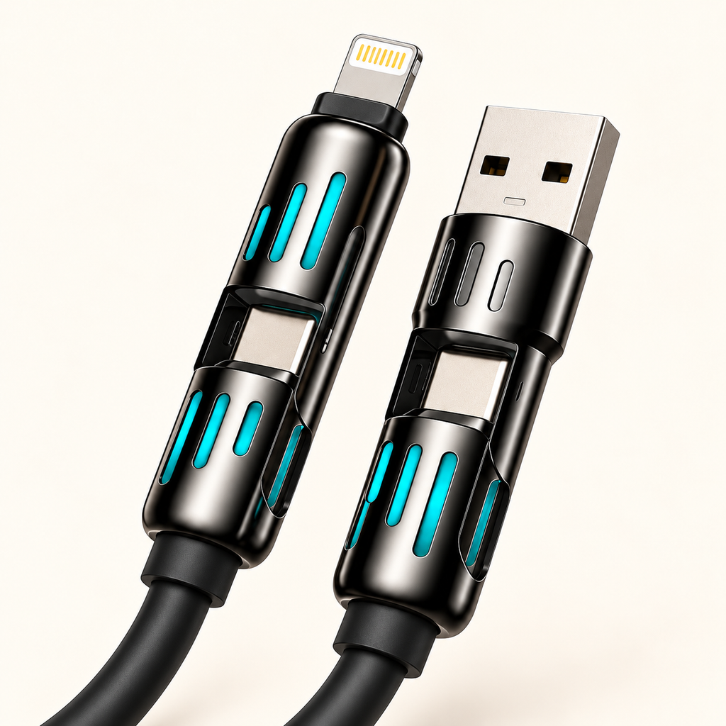 4-in-1 Multi-Connector Charging Cable – USB-A, USB-C & Lightning | Black Silicone