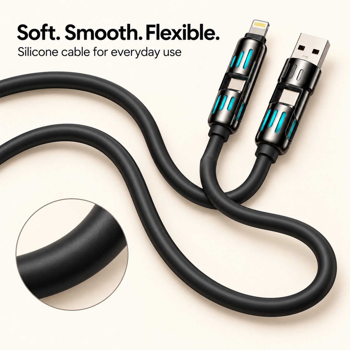 4-in-1 Multi-Connector Charging Cable – USB-A, USB-C & Lightning | Black Silicone