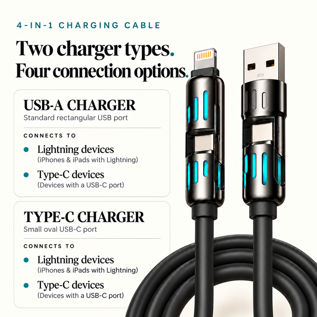 4-in-1 Multi-Connector Charging Cable – USB-A, USB-C & Lightning | Black Silicone