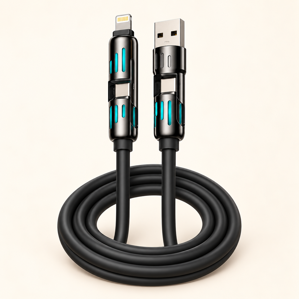 4-in-1 Multi-Connector Charging Cable – USB-A, USB-C & Lightning | Black Silicone