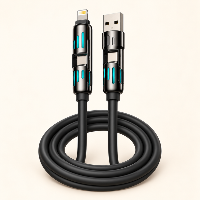 4-in-1 Multi-Connector Charging Cable – USB-A, USB-C & Lightning | Black Silicone